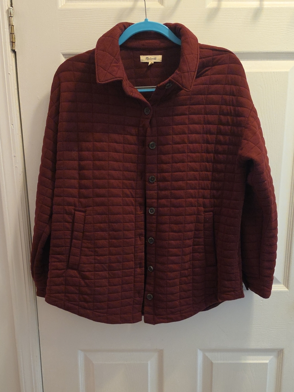 Madewell Quilted Button-Front Shacket in Burgundy